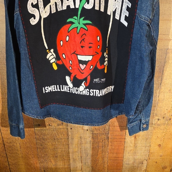 Upcycled Denim Jean Jacket with Strawberry Graphic - Picture 4 of 12